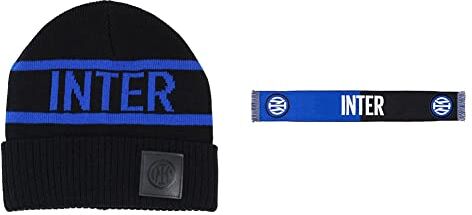 Inter , Cappello Unisex-Adulto, Nero, S-XL & Sciarpa Nuovo Logo Jaquard, Diverse Colorazioni, Stadio Unisex-Adulto, Bicolore Nero/Blu, Taglia Unica