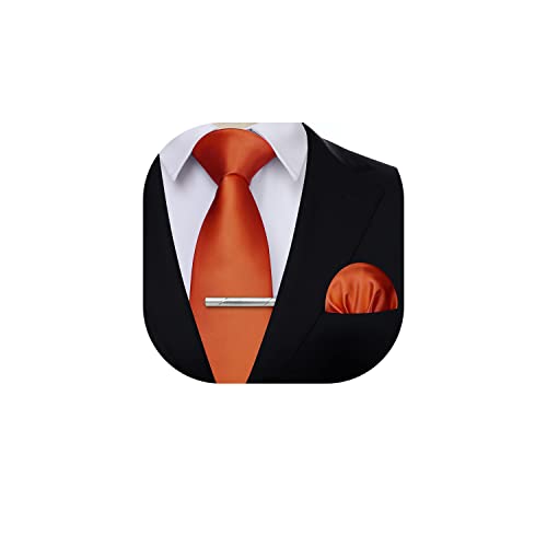 HISDERN Cravatta Arancione Uomo Tinta Unita Elegante Classico Matrimonio Raso Cravatte e Fazzoletto da Taschino Fermacravatta