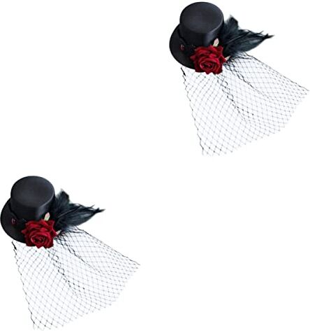 Beaupretty 2Pcs Vintage Fiore Nero Fascinator Velo Per Con Decorazione Rosa Halloweeen Cocktail Barrette Rosso Pillola Fascinators Ragazze Piccola Maglia Superiore Cappello Da