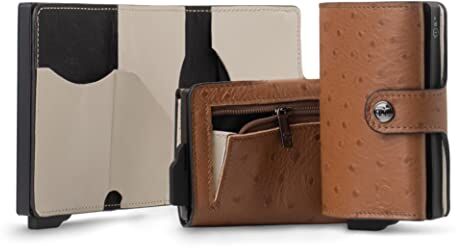 SLim Porta Carte di Credito Schermato Portafoglio Uomo Rfid Portatessere Anticlonazione Donna Portacarte Uomo (Struzzo Marrone interno Beige, Con Zip)