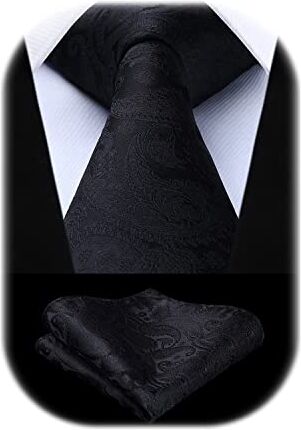 HISDERN Cravatta Nera Paisley Cravatta Uomo Elegante Set Cravatte Seta e Fazzoletto da Taschino Floreale per Matrimonio Festa Funerale Lavoro