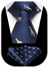 HISDERN Cravatta Blu Navy Uomo Fazzoletto Cravatte Fantasia Giraffa da Matrimonio Set Cravatta e Pochette Elegante