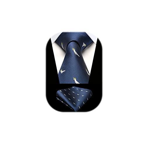 HISDERN Cravatta Blu Navy Uomo Fazzoletto Cravatte Fantasia Pappagallo da Matrimonio Set Cravatta e Pochette Elegante