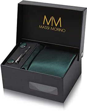 Massi Morino Cravatta Verde Scuro e fazzoletto da uomo con camicia gemelli, parure fermacravatta set I Accessori sposa I Cravatte Elegante Confezione Regalo