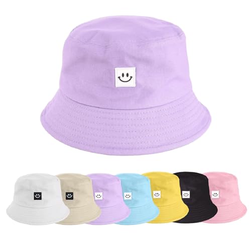 UMIPUBO Cappello Pescatore Pieghevole Bucket Hat Cotone Donna Uomo, Protezione del Sole Cappelli Faccia Sorridente Cappellino 56-58cm (Smile Viola)