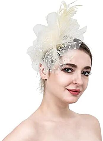 lamphle Cappello fascinator per feste, in tinta unita, decorativo, trasparente, per cocktail e feste di fine anno, accessori per capelli da sposa, beige