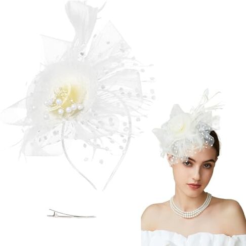 INIFLM Fascinator Cappello Fiore Nastri a Rete Piume su Una Fascia, Fascinator da Donna Copricapo da Sposa con Velo Decorazione Vintage, Accessori per Capelli Floreali per Ragazze e Donne(Bianco)