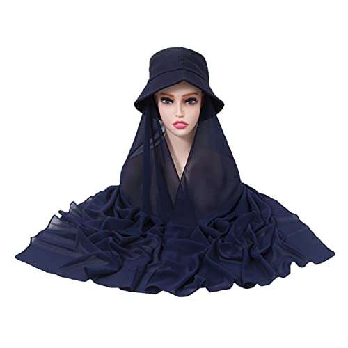 Generic Cappello da pescatore in tinta unita casual da donna, sciarpa lunga in chiffon con perle, sciarpa musulmana per capelli da donna (8-Navy, taglia unica)