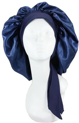 HIFFEY Berretto for capelli in raso for dormire invisibile piatto imitazione seta rotondo cura dei capelli copricapo da donna cerimonia pulsante di regolazione cappello da notte (Color : Navy)