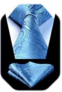 HISDERN Cravatta Blu Paisley Cravatta Uomo Elegante Set Cravatte Seta e Fazzoletto Tinta Unita Cielo Blu per Matrimonio Festa Lavoro