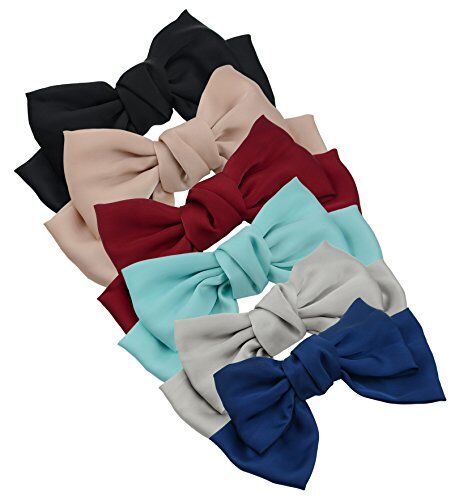 Thaoya Fermaglio per capelli a doppio piano, in chiffon, tinta unita, con fiocco, per donne e ragazze (6 colori: bordeaux, grigio, blu, nero, rosa, azzurro, azzurro, azzurro, confezione da 6