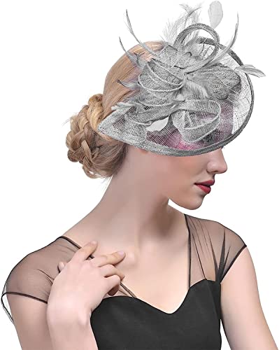 QUNINE Fascinator in rete Fermaglio per capelli Cappello Bombetta Piuma Fiore Velo Cappello da festa nuziale Cappello da tè Fascia per capelli Fascia per capelli in rete (Color : Grey, Size : One Size) (Gr