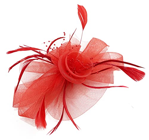 Caprilite Farfalla nera piuma Ascot Fascinator su pettine cappello accessori per capelli (rosso scarlatto)