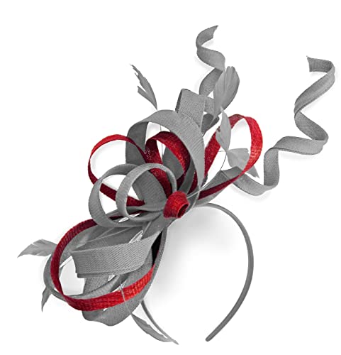 Caprilite Mix Swirl Fascinator cappello su fascia matrimonio Ascot Races su misura Sinamay per donne (grigio argento e rosso)