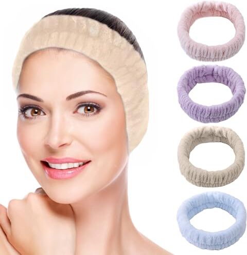 Generic 4 Cerchietto Donna Trucco Skincare Headband Nastro Elastico Turbante Per Capelli Peluche Viso Lavare Viso Turbante Testa (Rosa/Blu/Viola/Beige)