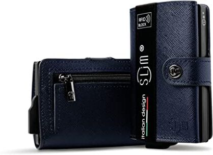 SLim Porta Carte di Credito Schermato Portafoglio Uomo Rfid Portatessere Anticlonazione Donna Portacarte Uomo (Saffiano Blu, Con Zip)