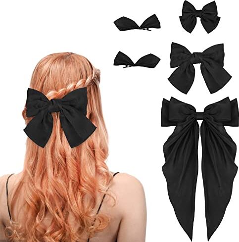 Yolev 5 Pezzi Grandi Fermagli Fiocco Nero in Raso di Seta Coda Lunga Fiocco Capelli Donna Grande Fermaglio Fiocchi per Capelli Nero Accessori per Capelli Fiocco Ragazze