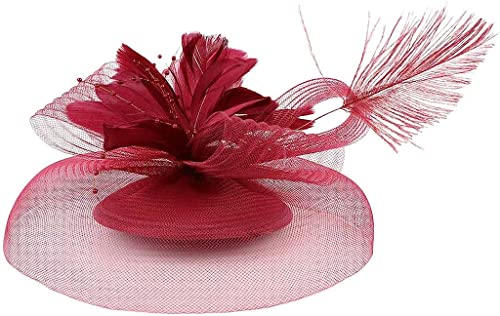 YPOSPDD maglia Fascinator fermaglio for capelli bombetta fiore velo cappello da festa nuziale cappello da tè fermaglio for capelli fascia for cappello fantasia (Color : Wine Red_One Size)