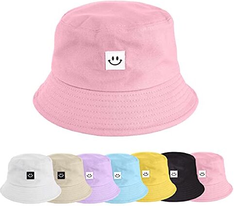 UMIPUBO Cappello Pescatore Pieghevole Bucket Hat Cotone Donna Uomo, Protezione del Sole Cappelli Faccia Sorridente Cappellino 56-58cm (Smile Rosa)