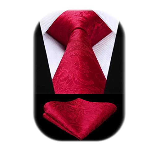 HISDERN Cravatta Rossa Paisley Cravatta Uomo Elegante Set Cravatte Seta e Fazzoletto da Taschino Classiche per Matrimonio Festa Lavoro