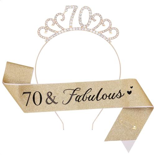 TOPWAYS 70 Anni Compleanno Donna Decorazioni Corona Sciarpa Set, 70 Anni Fabulous Sash e Strass Coroncina Compleanno per Decorazioni Festa di Compleanno 70 anni Ragazza Donna (70 Fabulous, Oro)