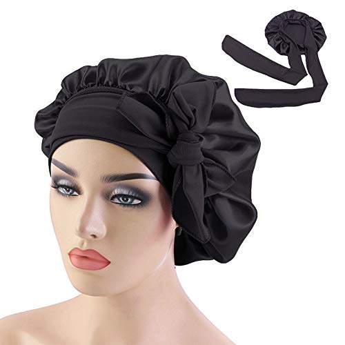 SuperiMan Cappellino in raso a fascia larga, da donna, per capelli ricci, per dormire (nero)