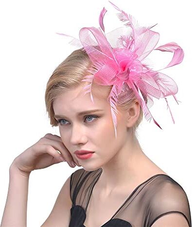 Generic Fascinators Cappello a cilindro per matrimonio con Alice con fiore in rete, per capelli, copricapo, piuma, fascia per capelli con piume (rosa)