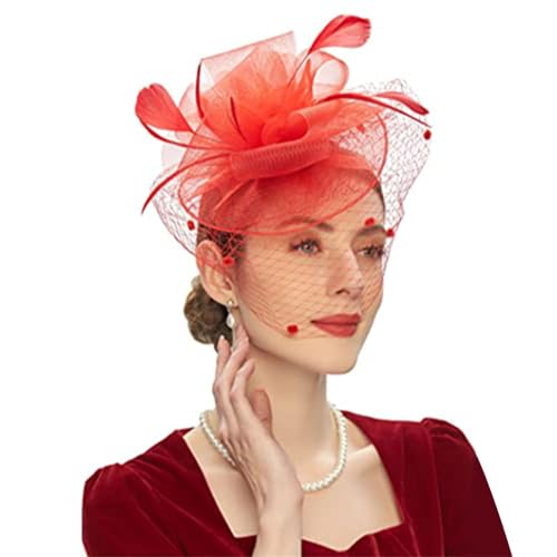 VKEID Cappelli Fascinator per Donna Accessori for capelli da sposa Accessori for capelli Velo Fermagli for capelli Fasce for capelli a rete for cappelli (Color : Red, Size : One size)