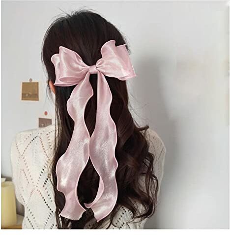 Inilbran Vintage Seta Fiocco Capelli Clip Lungo Rosa Seta Fiocco Capelli Barrettes Chiffon Capelli Clip Barrette Lungo Fiocco Capelli Fermagli Parrucca Setosa Fiocco Capelli Accessori Per Donne