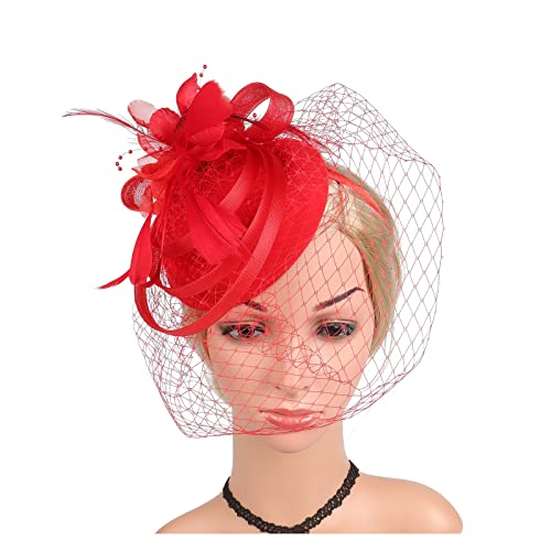 MAYNUO Cappello da donna fatto a mano con piuma floreale for capelli Fascinator, accessori for fascia derby, copricapo da cocktail da sposa (Color : Wine red, Size : 1)