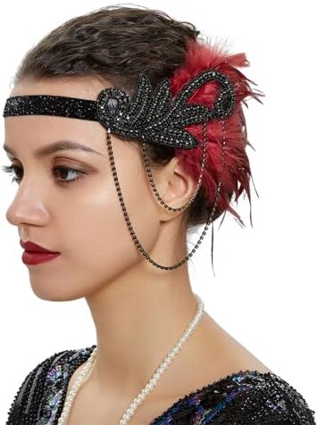 Generic Fascia per capelli in stile anni '20, con piume, da donna, stile vintage, stile Gatsby, colore: nero e rosso