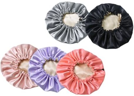 minkissy 5pcs regolabile cuffia da doccia seta dormire cofano capelli doccia cuffia cappelli da donna Elastici Nightcaps capelli turbante avvolgere notte berretto da sonno raso ampio cerchio cappello