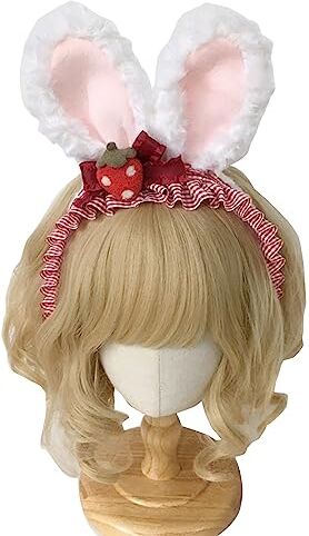 Generic Cerchietto per capelli con orecchie di coniglio con fragole Bowknot donna trucco fascia accessori per capelli Cosplay copricapo foto puntelli