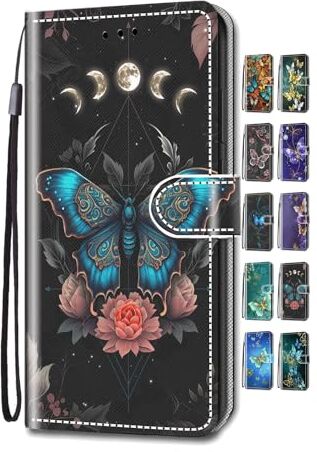 UCool Custodia Cover iPhone XR Caso Flip Portafoglio a Libro Pelle PU Belle 3D Disegni Bumper Protettiva Antiurto （Luna delle Farfalle）