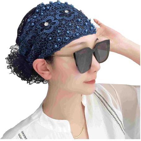 TAHUAON Copricapo da donna in pizzo floreale, morbido pizzo musulmano donne foulard cappelli ornamento, fascia in pizzo floreale incrostato di perle blu navy