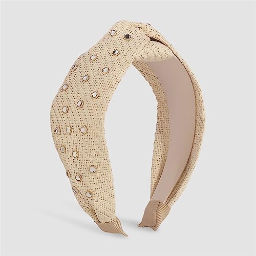 Youllyuu Fascia per capelli in paglia annodata con strass, da donna, alla moda, fatta a mano, larga fascia per capelli, beige