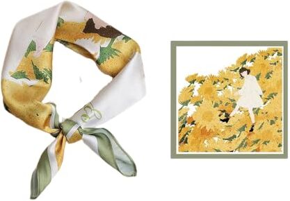 GIMIRO Sciarpa in seta imitata [53 x 53 cm), sciarpe quadrate con motivo impressionismo, sciarpa vintage per lavoro d'ufficio o vita casual, Giallo – Walk in Flowers, 53 x 53cm