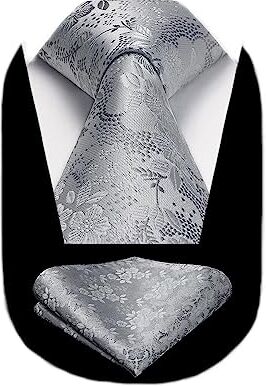 HISDERN Cravatta da sposa e fazzoletto da uomo con motivo a quadri pied de poule e cravatta da festa formale e set quadrato tascabile.., X-silver Fiore Bianco, Taglia unica…