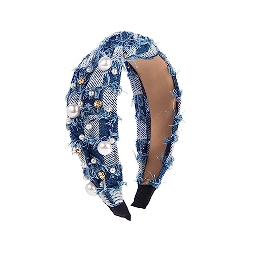 MOIKEN Forcine Capelli Donna Pearl Rhinestone Denim Knotted Headbands Fashion Hair Accessories Plaid Tassels Hairband Hair Band (Color : Navy blue)