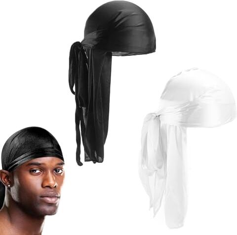 Tokaneit Cuffia in Durag Setosa,Tappi a Turbante in Seta Durag,Bandana da Pirata Unisex Durag,Cappello da Uomo Soft Pirate Durag,Foulard da Pirata Traspirante in Durag,Turbante Durag a Coda Lunga 2 Pz