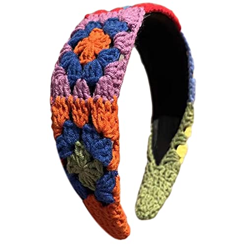 Exingk Fascia per capelli lavorata a maglia per le donne turbante elasticizzato floreale all'uncinetto nonna quadrata etnica cravatta fascia bandana