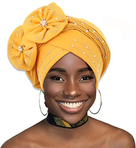 IYOU Berretto Beanie Cap Avvolgere la testa Sciarpa per la testa con strass gialli Perle di fiori turbante testa attorcigliata per donne ragazze