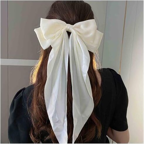 Dervivea Vintage Bow Hairclip Barrette Grande Nastro Fiocco Capelli Clip Seta Raso Capelli Clip Barrette Lungo Bianco Fiocco Capelli Clip Barrettes Francese Raso Hairclip Accessori Decorativi