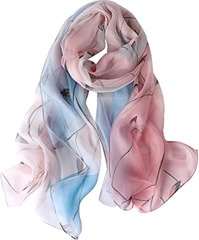 STORY OF SHANGHAI Sciarpa di 100% Seta da Donna Foulard Chiffon con Fantasie Orientale Semi-Trasparente, Foglie su Rosa