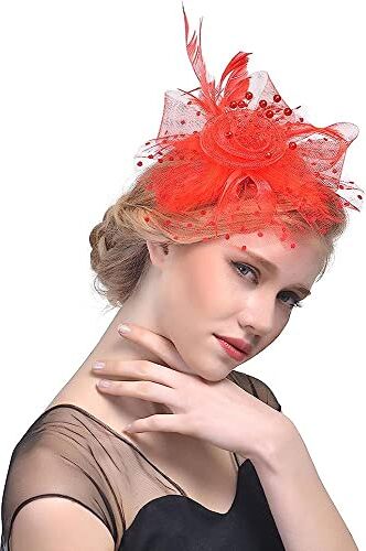 QUNINE Fascinators in rete per le donne Cappello da tè per feste Cappelli Fiore Maglia di piume Fascia per capelli Festa nuziale Fascia per fiori di piume bianche (Colore : Khaki, Taglia : One Size) (Red O