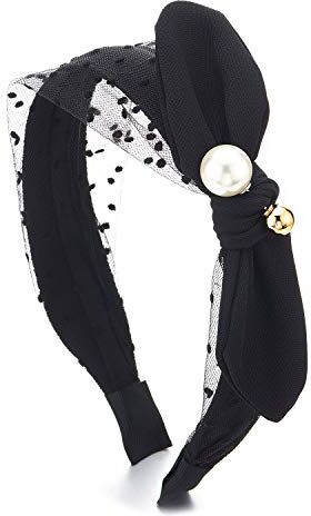 COOLSTEELANDBEYOND Hipster Boho Elegante Nero Arco Cravatta Perla Perlina Capelli del Cerchio Fascia Bandana Capelli con Punteggiati Pizzo