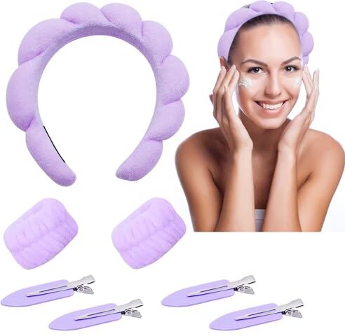 Yeria 1 Fascia Capelli Donna,Cerchietto Capelli in Spugna Trucchi Donna,2 Polsino in Pile Fascia del Polso,Accessori per Capelli per cura Della Pelle, il Lavaggio e la Doccia,Con 4 Fermagli Capelli (viola)