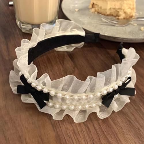 Generico Sua Altezza Reale dolce desiderio pizzo bowknot perla fascia a tesa larga piccola fragranza elegante fascia femminile, fascia in pizzo bowknot