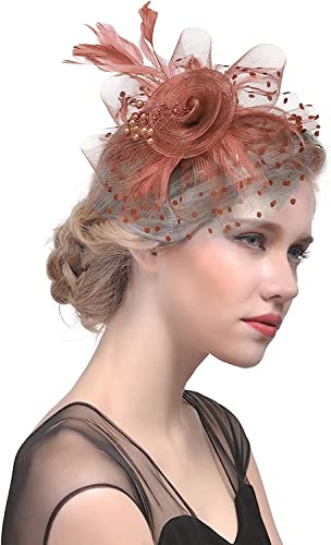 QUNINE Cappello Fascinator in rete per donna Fiore Maglia Piume Fermaglio per capelli Tea Party Matrimonio Cocktail Festa di nozze Cappello verde Fascia per capelli (Colore : Beige, Dimensioni : Taglia uni