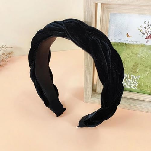 YJzhAHanG Fascia for capelli, fasce for capelli, fascia for donna fascia for capelli intrecciata tinta unita copricapo laterale largo accessori for capelli for adulti autunno (Color : Black hairband, Size : O